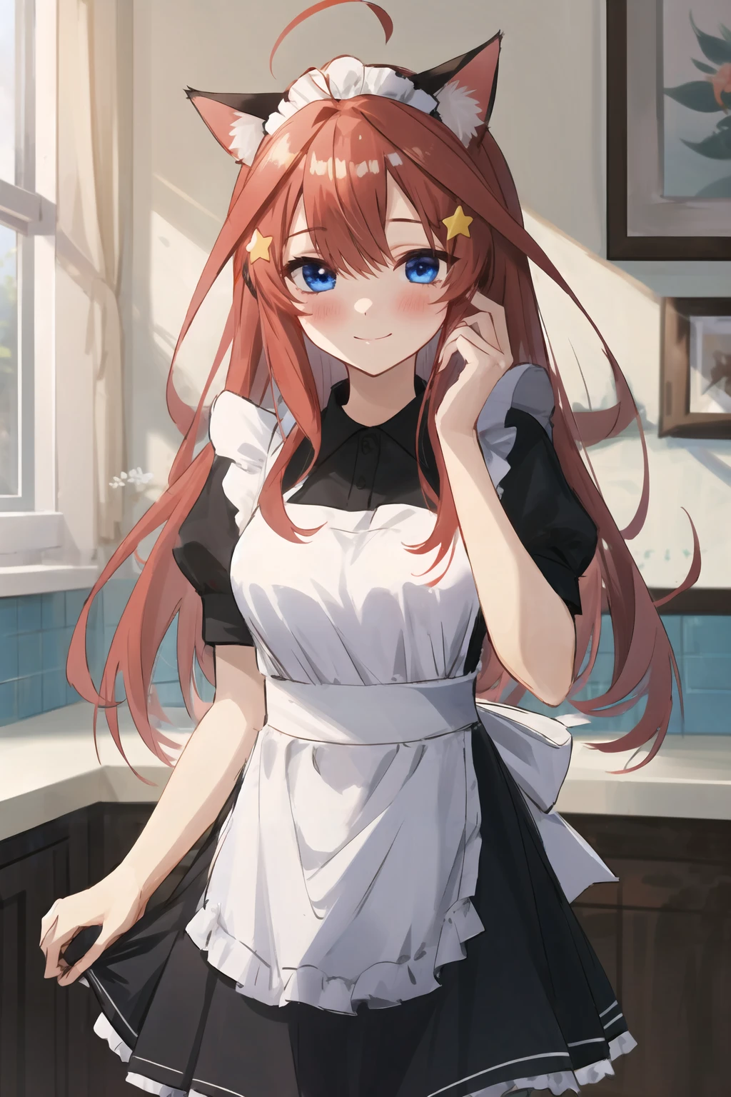 1girl,blue eyes,long hair,nakano itsuki,red hair,solo,blush,star(symbol),bangs,star hair ornament,ahoge,hair between eyes,blush,smile,
maid,maid apron,maid headdress,animal ears,cat ears,
indoors,cafe,cowboy shot,looking at viewer,looking looking at viewer,
masterpiece,best quality,<lora:NakanoItsuki v1.1:0.8>,