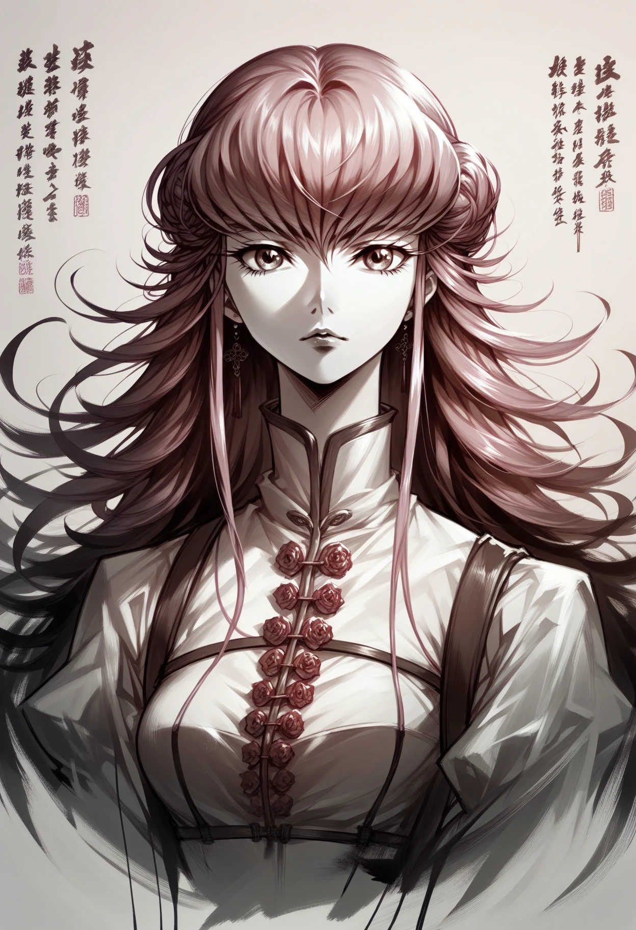 score_9, score_8_up, score_7_up, score_9, <lora:cllgrphy_pdxl_EliPot:1>,
monochrome, chinese text, 
1girl, solo,
euphemia_li_britannia  , code geass,  pink hair, pale skin,