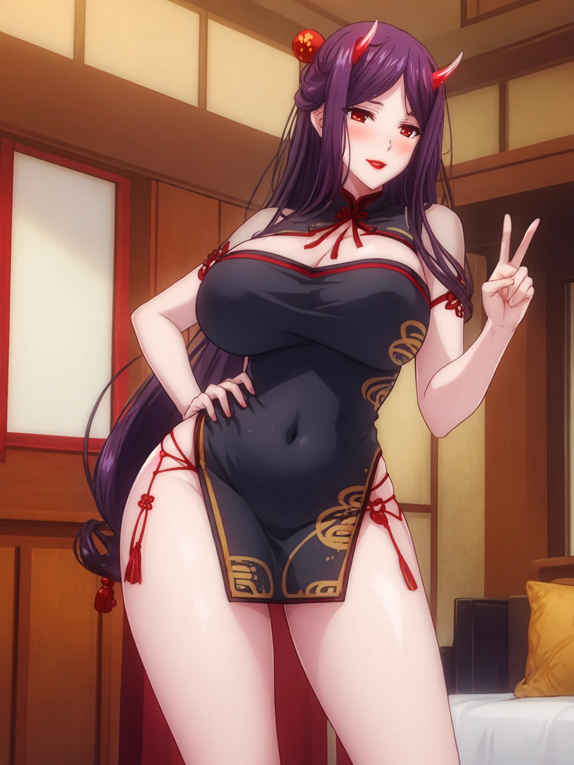 masterpiece, 
Kijou Yasha is standing, showing V sign, V, solo focus, 
1girl, mature female, solo,
parted lips, light smile, blush,
purple hair, long hair, makeup, lipstick, red eyes, horns, hair ornament,
short dress, china dress, turtleneck,
curvy, large breasts, thighs,
indoors, room, east asian architecture, 
 <lora:Kijou Yasha:1>