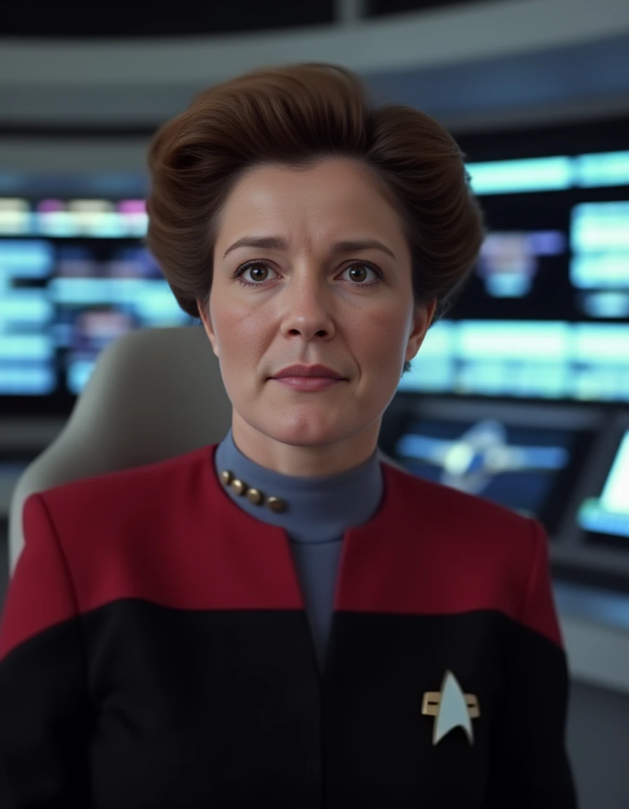 breathtaking  of  <lora:janeway-flux:0.8>  captain, kathryn, janeway, star, trek, voyager, with, shirt, uniform, starfleet uniform,40 years old  woman, futuristic background, space-themed imagery, detailed skin texture, (blush:0.5), (goosebumps:0.5), subsurface scattering, RAW candid cinema, 16mm, color graded portra 400 film, remarkable color, ultra realistic, textured skin, remarkable detailed pupils, realistic dull skin noise, visible skin detail, skin fuzz, dry skin, shot with cinematic camera