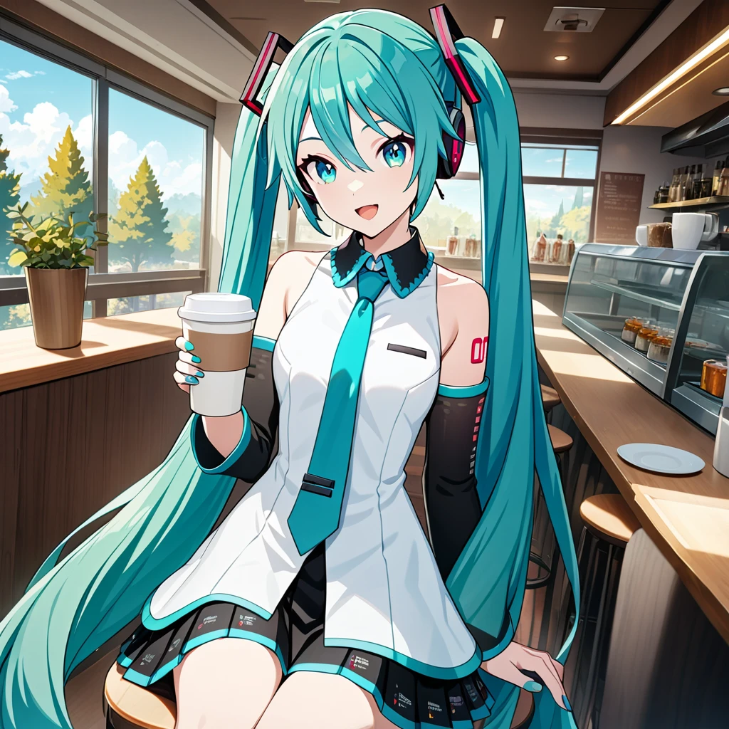 1girl, hatsune miku, vocaroid, masterpiece, very aesthetic, absurdres, official art, newest, 
solo, long hair, twintails, very long hair, aqua hair, aqua eyes, aqua nails, nail polish, bangs,
looking at viewer, :D, sitting, holding coffee cup, 
day, sun light, in cafeteria, cups and saucers, bar counter, large window, trees, table, chair,
 <lora:sdxl-vs-DefaultMiku01:0.4>