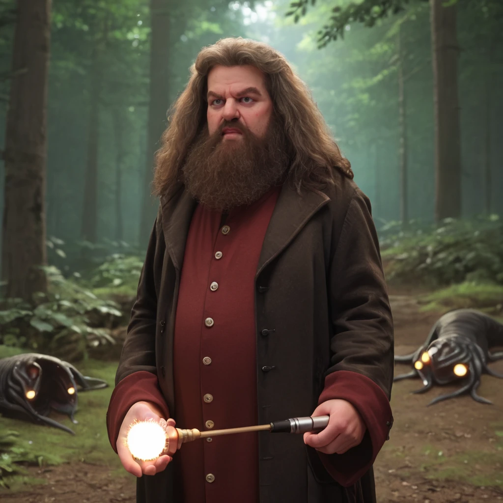 <lora:Hagrid_PonyXL_r1:0.8> hagrid, score_7, beard, facial hair, 1boy black robes, Angry long hair black eyes In the forest surrounded by( giant monster spiders:1.1) , wand in hand, casting spell, disgusted , in combat, action, movement, glowing magic wand, spall trail,  source_cartoon score_9, score_8_up, score_7_up, score_6_