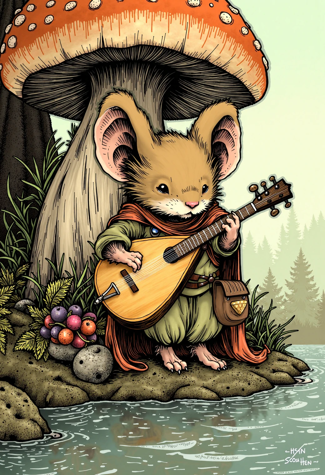 Storybook illustration style with fine line work, muted earthy tones, detailed textures, stylized characters, and soft atmospheric shading, a detailed closeup portrait of a female brown mouseguard mouse, dressed as a bard in a tunic and cape, playing a lute made from a tiny gourd, leaning against a towering toadstool beside a bubbling brook, with a small satchel of berries at their side.
