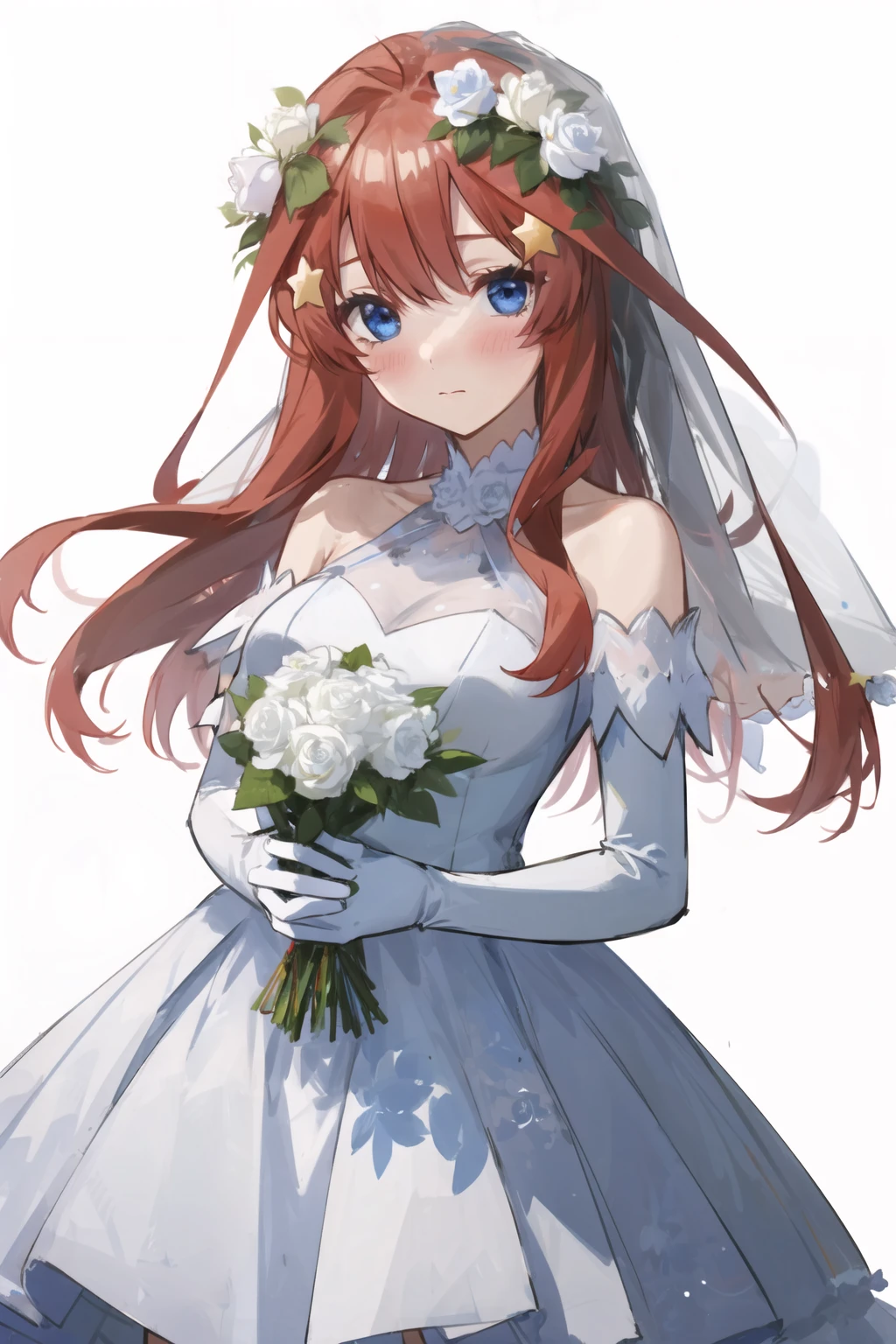 1girl,blue eyes,long hair,nakano itsuki,red hair,solo,blush,star(symbol),bangs,star hair ornament,ahoge,hair between eyes,blush,
white dress,bare shoulders,head wreath,wedding dress,white gloves,head wreath,elbow gloves,
cowboy shot,looking at viewer,simple background,white background,(rose),flower,wedding,
masterpiece,best quality,<lora:NakanoItsuki v1.1:0.8>,