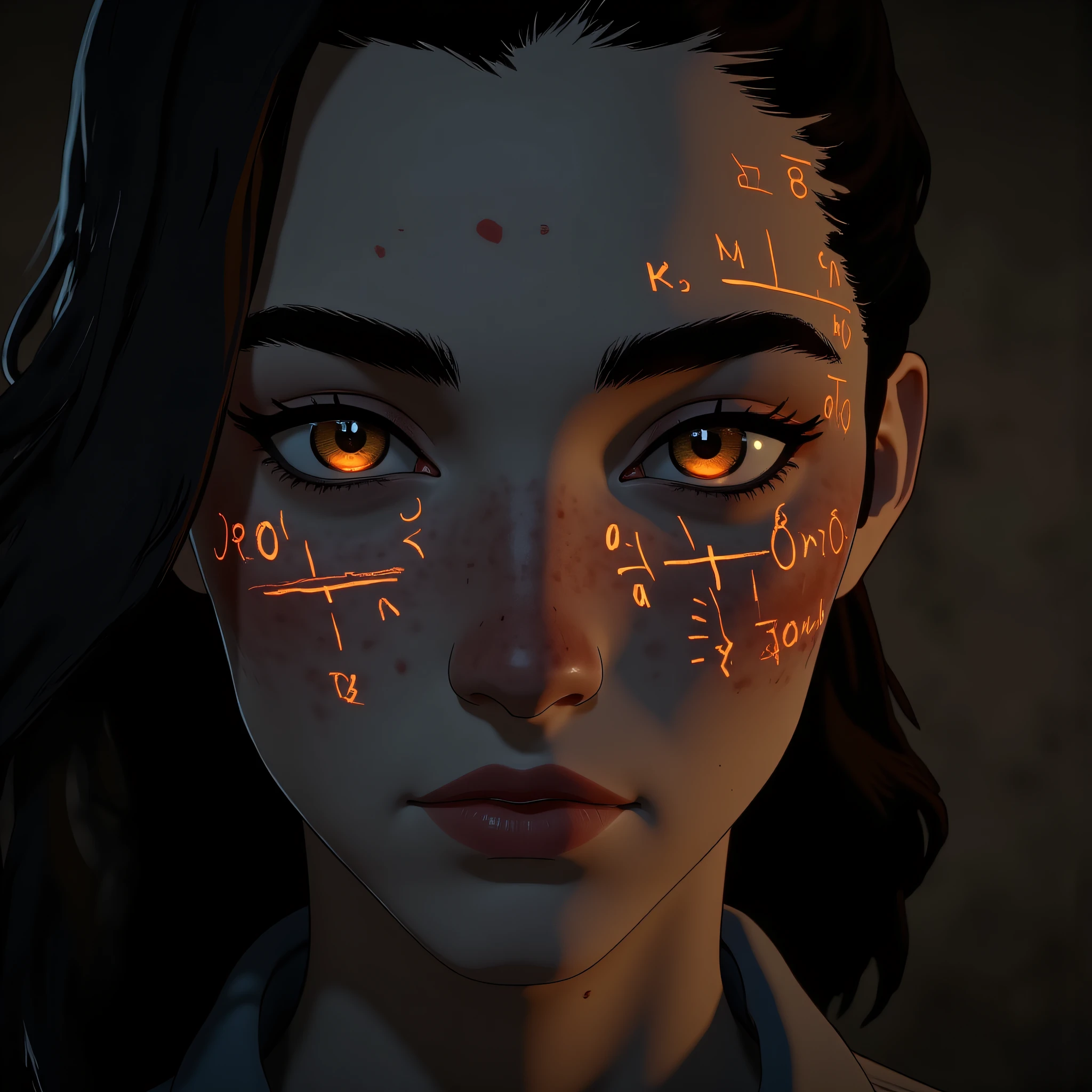 EdoEraAnime,Shadowrun Math Projection - A close-up of a person's face (Jessica Szohr) with set logical ambient background, DayGlo black gold holographic equations projected Crisis Point their skin. The background is Ghost and [Egyptian|Folk], with the equations appearing Cinestill and ever-changing, creating a World of Warcraft and perfect symmetry mood