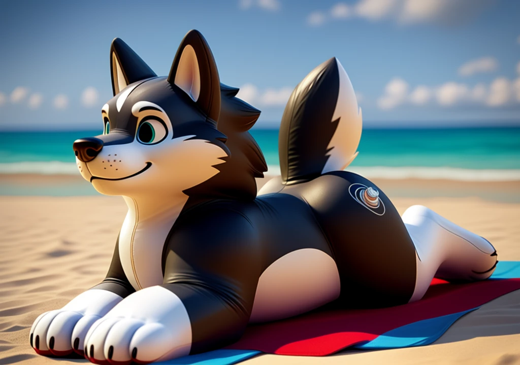 (plinflatable:1.1), (toy proportions:1.1), realistic, (matte:1.1), solo, wolf, three-quarters view, beach towel, laying, on front, (valve on hip:1.1)