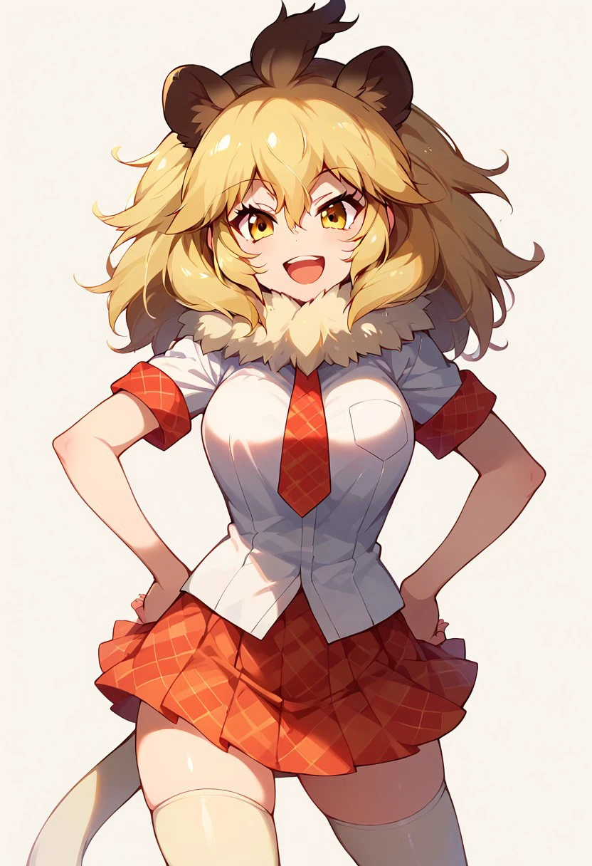 1girl, ((solo)), best quality, ultra-detailed, extremely detailed, perfect anatomy, masterpiece, score_9, score_8_up, score_7_up, lion (kemono friends), blonde hair, animal ears, tail, yellow eyes, long hair, hair between eyes, white shirt, short sleeves, fur collar, red skirt, plaid skirt, red necktie, plaid necktie, thighhighs, breast pocket, white shoes,  standing, hands on hips, open mouth smile, cute look, confident look, looking at viewer, happy, posing, simple background,