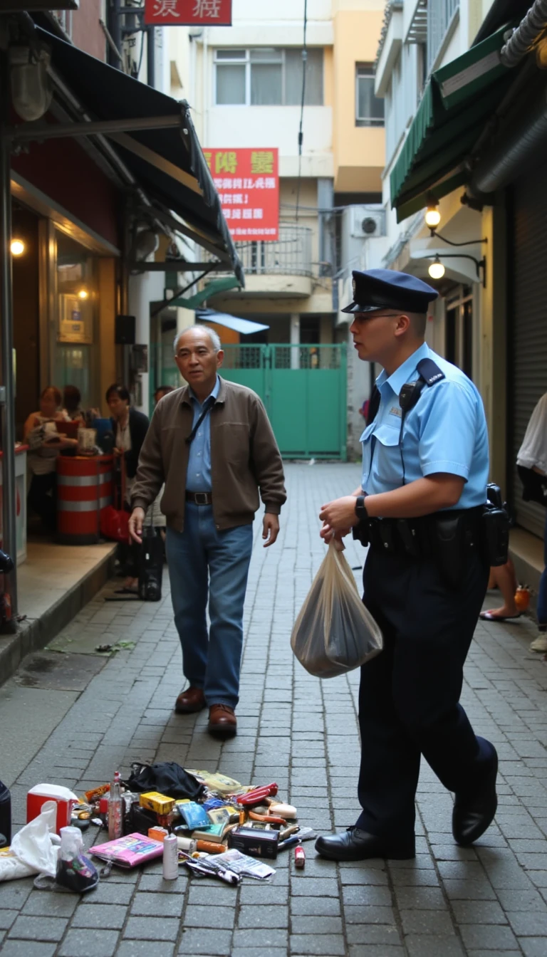 A Hong Kong police officer of HKPSU on foot patrol in an old, narrow street of Sheung Wan notices an elderly man struggling with a heavy bag. The officer, dressed in a blue uniform and small cap, approaches the man to offer assistance. Just as the officer reaches him, the bag suddenly tears open, spilling its contents—an assortment of seemingly innocuous items—onto the cobblestone street. However, the officer’s sharp eyes spot something unusual among the items, prompting him to ask the man a few pointed questions. The once routine interaction quickly turns into a potential investigation as the officer's instincts kick in.
