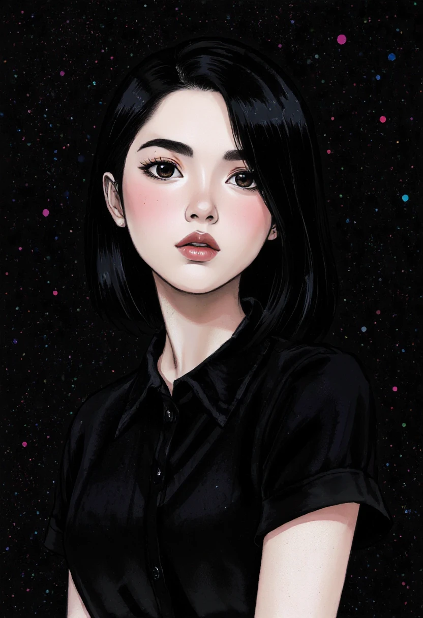 Stylized digital illustration, contemporary art, features a young woman with porcelain skin and dark hair, dressed in a black shirt adorned with subtle sparkles. Background resembles a starry night with dense black, speckled with multicolored specks of pink, blue, green, and white, evoking a cosmic, ethereal atmosphere. Detailed facial features, expressive eyes, pink lips add lifelike quality, blending realism and fantasy. High-resolution, striking contrast, visually engaging, evokes whimsy and mystery.