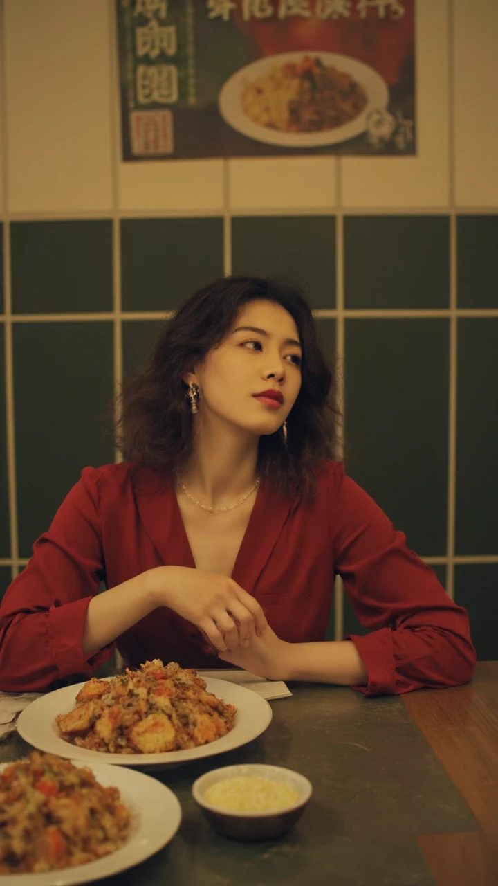 A woman is sitting at a table in a restaurant eating food and looking thoughtful.