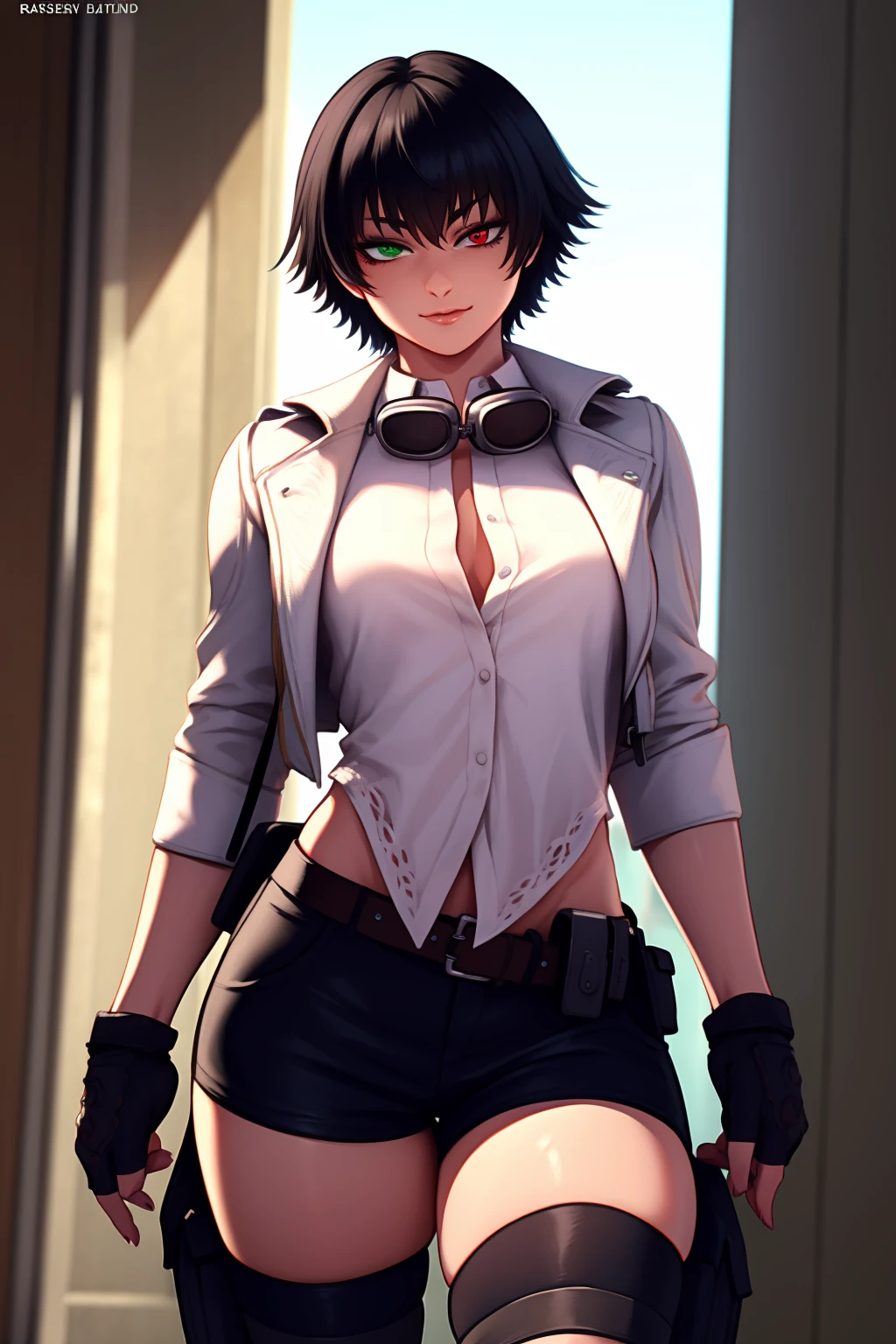 Best_QualityPos, RAW photo, intricate details, best quality, 8k uhd, soft lighting, 1girl, solo, dmc_lady, short hair, black hair, bangs, heterochromia, red eyes, green eyes, goggles, goggles around neck, white shirt, white jacket, long sleeves, sleeves rolled up, gloves, fingerless gloves, black shorts, belt, holster, thighhighs, thigh holster <lora:DMC_Lady:0.6>