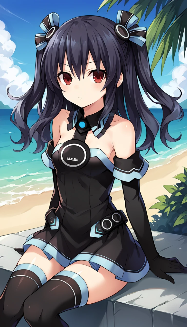 score_9, score_8_up, score_7_up, source_anime, 1girl, solo,  black hair, red eyes, medium hair, two side up, hair ribbon, small breasts, elbow gloves, long slevees, black dress, short dress, collar, bare shoulders, thighhighs, sitting, outdoors, sunny, sky, beach, looking at viewer, cowboy shot,  <lora:Uni_Neptunia_PonyXL:0.8>, Uni \(neptunia)\