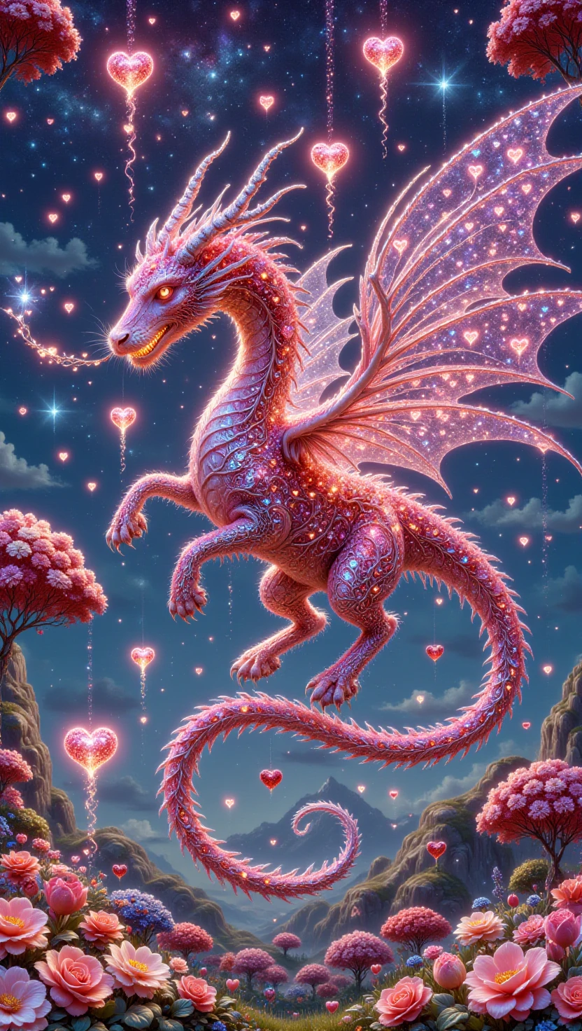 sweetlove, hearts, glitters,A dragon made entirely of diamonds, breathing a stream of starlight