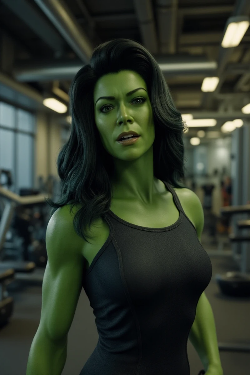 a full body photo of SheHulk,  a woman with green skin and dark hair, She wears a tracksuit and is training in a gym <lora:She-Hulk:0.8>