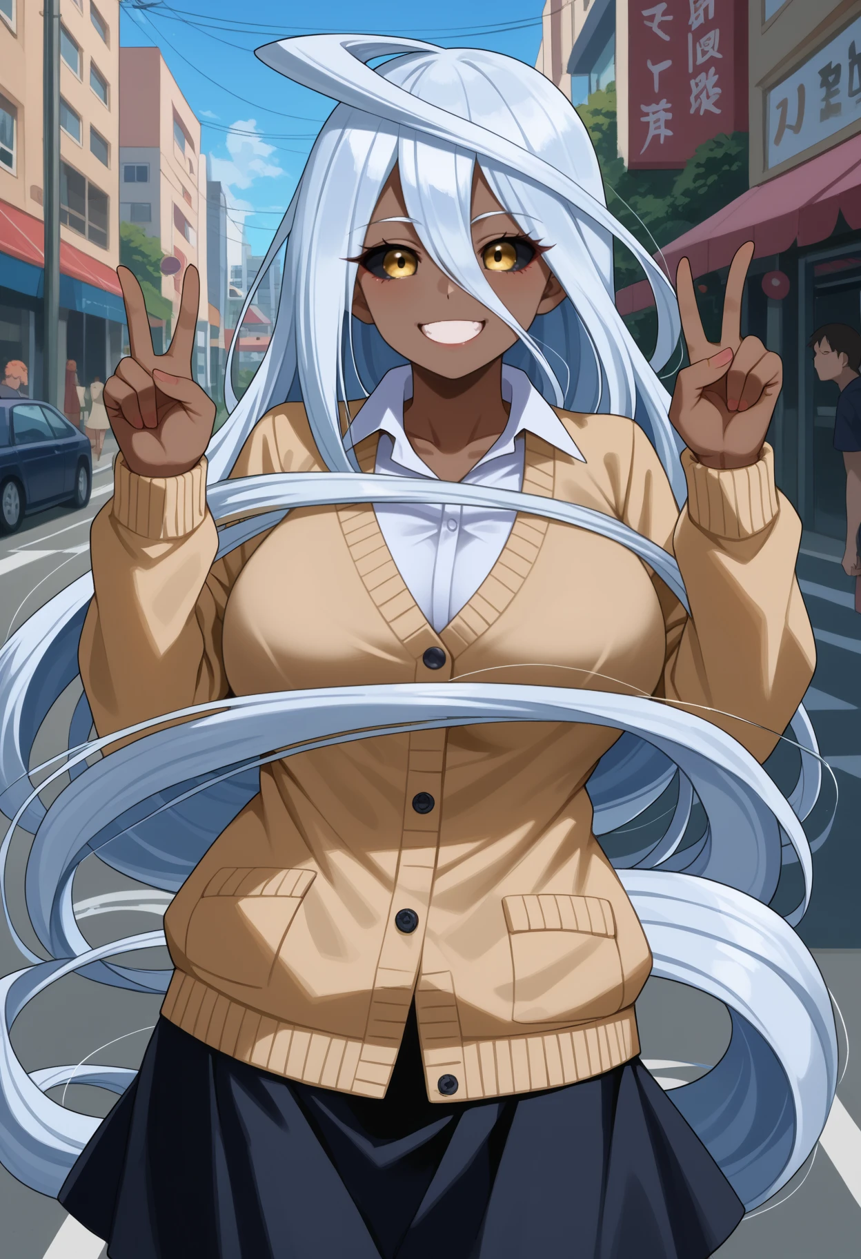 score_9,score_7_up,1girl,jelodppl,huge breasts,dark-skinned female,colored sclera,black sclera,yellow eyes,white hair,ahoge,prehensile hair,hair between eyes,very long hair,street,double v,collared white shirt,beige cardigan,long sleeves,plaid black skirt,looking at viewer,smile<segment:yolo-Anzhc Face seg 640 v2 y8n.pt,0.4,0.3//cid=1><segment:yolo-Anzhc Breasts Seg v1 1024m.pt,0.4,0.3//cid=2>