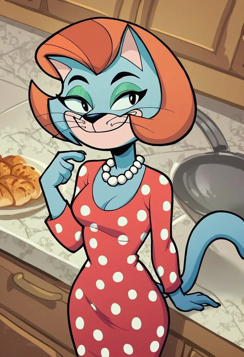 score_7_up, score_8_up, score_9, 2d, cartoon, 
trixie-topcat, catgirl, anthro cat, blue fur, orange brown hair, black eyes, ((tight blue and white polka dot dress)), pearl necklace, green eyeshadow,
smiling, looking at viewer, fully body view, kitchen