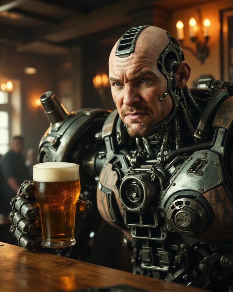 Grewishka, a giant rbald science fiction obot with a white man face,, is having a beer in a pub.   <lora:Grewishka:0.9>