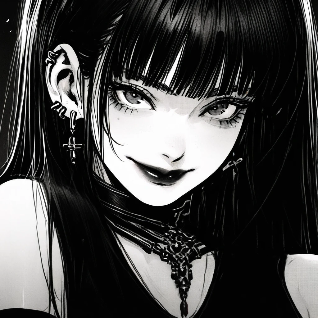 gothic, close-up, black and white,  woman ,dark lipstick, eyeliner, ear piercings, dark clothing,  fine details