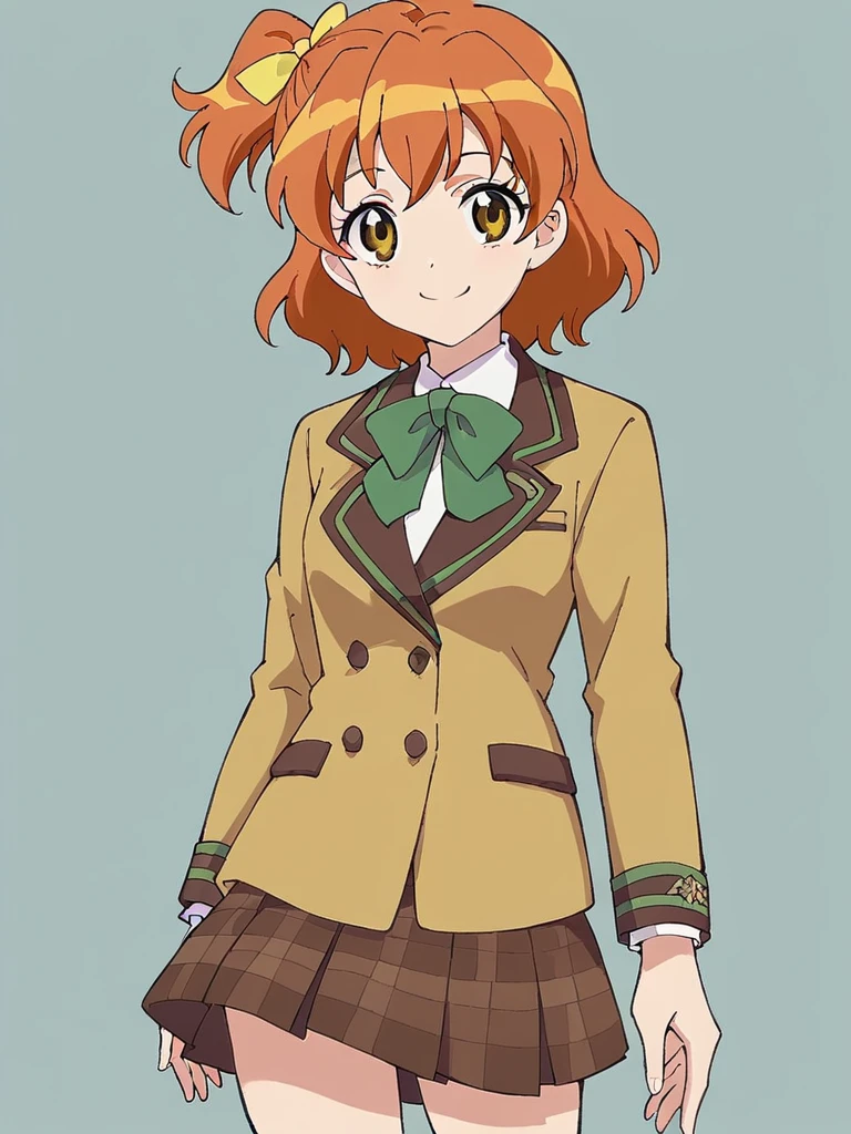 score_9, score_8_up, score_7_up, 
1girl, yamabuki inori, orange hair, brown eyes, medium hair, one side up, yellow ribbon, hair ribbon,

standing, smile, looking at viewer

school uniform, green bowtie, brown blazer, brown skirt, plaid skirt, 




