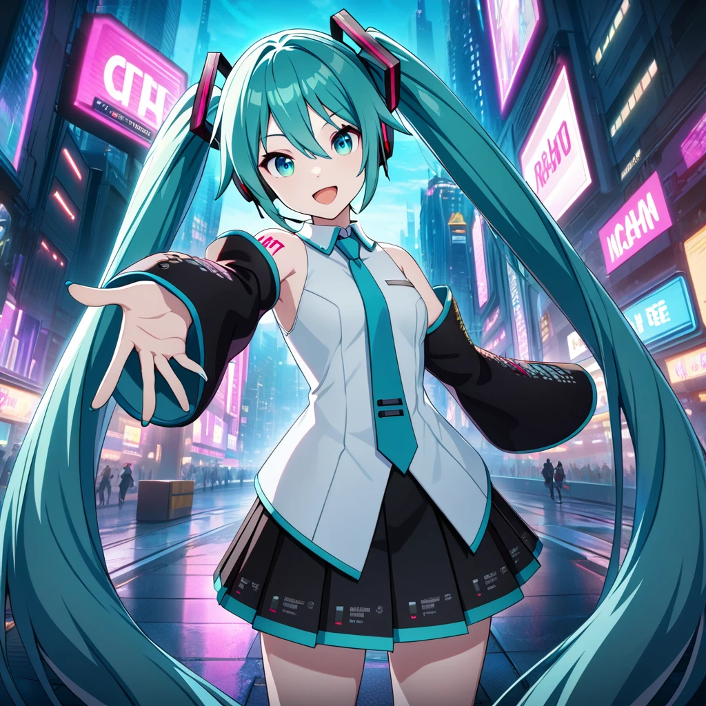 1girl, hatsune miku, vocaroid, masterpiece, very aesthetic, absurdres, official art, newest, 
solo, long hair, twintails, very long hair, aqua hair, aqua eyes, aqua nails, nail polish, bangs,
looking at viewer, :D, reaching towards viewer, 
cyberpunk city, light rays, luminescence, dark atmosphere, neon sign, skyscraper, City of night,
 <lora:sdxl-vs-DefaultMiku01:0.4>