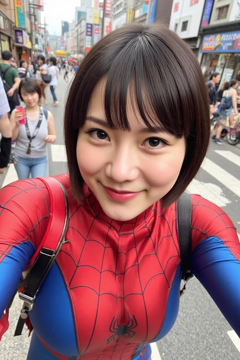 a high angle selfie photo of a woman with short hair and bangs wearing a spiderman bodysuit smiling at the camera at shibuya crossing
 <lora:KahoFlux:1>