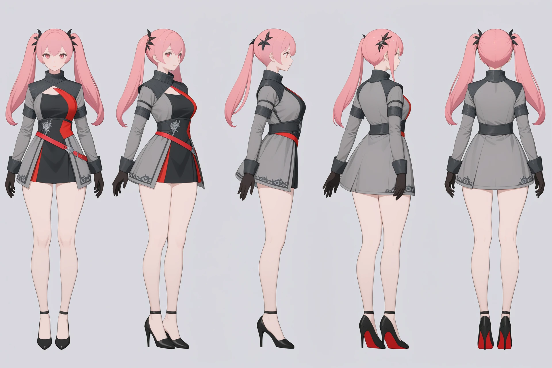 (VIEWS:0),  full body character turnaround of 1girl, Multiple views of the same character in the same outfit,  simple background, white background,
(theme:0),  medieval, fantasy, Dungeon And Dragon,
anime character, female, pink twin-tails, gray jacket, asymmetrical coat, black gloves, high heels, red accents, intricate design, futuristic, cosplay, stylish, detailed, fashion design, sleek, modern, artistic,
<lora:bg3TurnXL_v1_pony:0.1>
<lora:Witcher3turn_v1_Pony:0.1>
<lora:medieval2turn_v1_Pony:0.1>
<lora:CharTurnXL_v4_Pony:0.1>
<lora:bg3TurnXL_v1:0.1>
<lora:Witcher3TurnXL_v1:0.1>
<lora:Medieval2TurnXL_v1:0.1>
<lora:CharTurnXLRetag_v4:0.6>