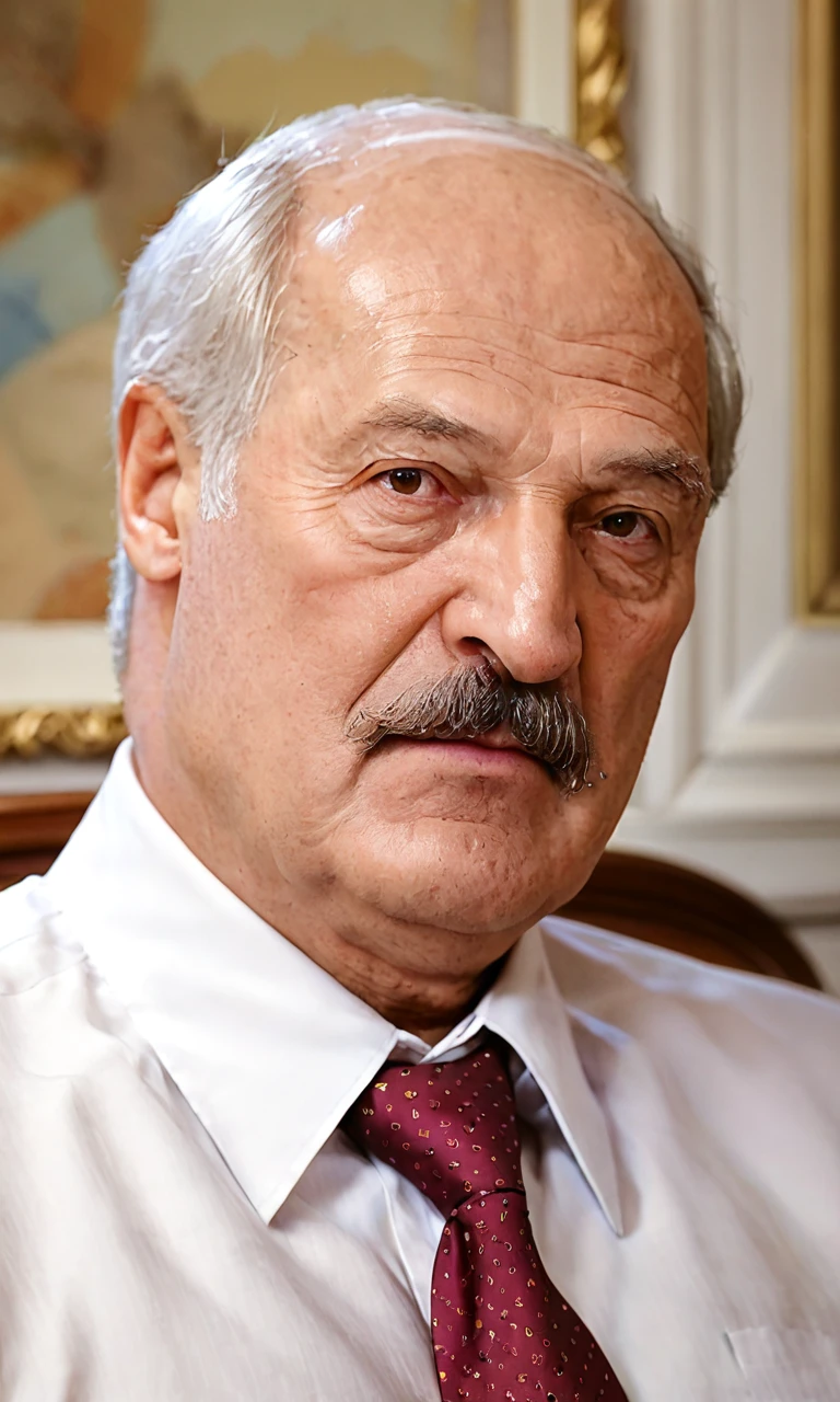 from front,upper body,looking_at_viewer,solo,(detailed face),solo,score_9, score_8_up, score_7_up, 1boy,lukashenko,grey-hair,moustache,solo,old,old man,aged_up,white shirt,necktie,on office