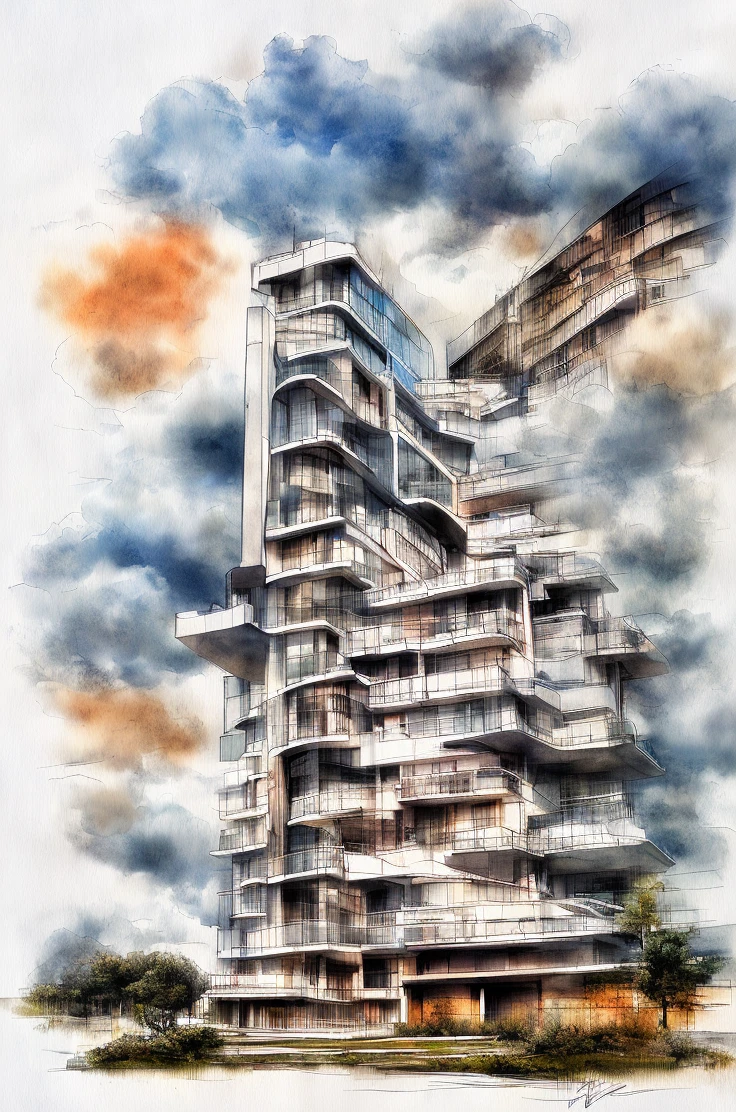 ((modern architecture building)) , clouds, birds, architecture watercolor sketches style, warm tone,<lora:watercolor:1>