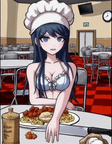 <lora:Sayaka_Maizono:1.3> Sayaka Maizono wearing her swimsuit from Danganronpa S. She is drawn in the Danganronpa sprite style. Her swimsuit is a light blue bikini with a white ruffle, and a teal sarong tied around her waist. Sayaka Maizono is sitting at a table in the cafeteria of Hope's Peak. She is looking down at her plate and giving an evil grin. She's sitting in front of a plate of spaghetti and meatballs and has a big white chef's hat on, a toque blanche. A huge kitchen knife is on the table next to her plate. On the opposite side of the table is another plate of spaghetti. A container is next to it with the word poison scratched out and the word parmesan cheese written in marker. A baseball and baseball bat is sitting on the table next to the container. with red and white checkered flooring and beige walls. There are metal folding chairs and tables visible behind her. The lighting is even and bright, with no strong shadows. An analog clock and some electronic monitors or TVs can be seen on the wall in the background. Sayaka is the only person there, and the other chair opposite her is currently empty as she waits for him to arrive.
