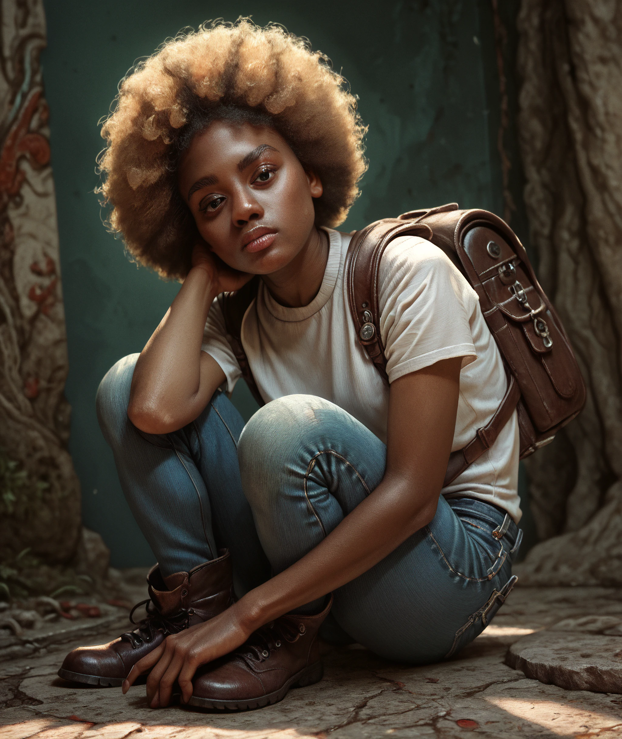 score_9, score_8_up, score_7_up, score_6_up, score_5_up, score_4_up, a highly detailed painting of a black woman, 1 woman, black woman, dark skin, college student, large round afro, blonde hair, hair focus, backpack, on campus, boots, jean shorts, tshirt<lora:detailed_notrigger>  <loar:Pony_DetailV1.0>  <lora:Black_Woman_v3_e6> <lora:PONYLargeRoundAfro>