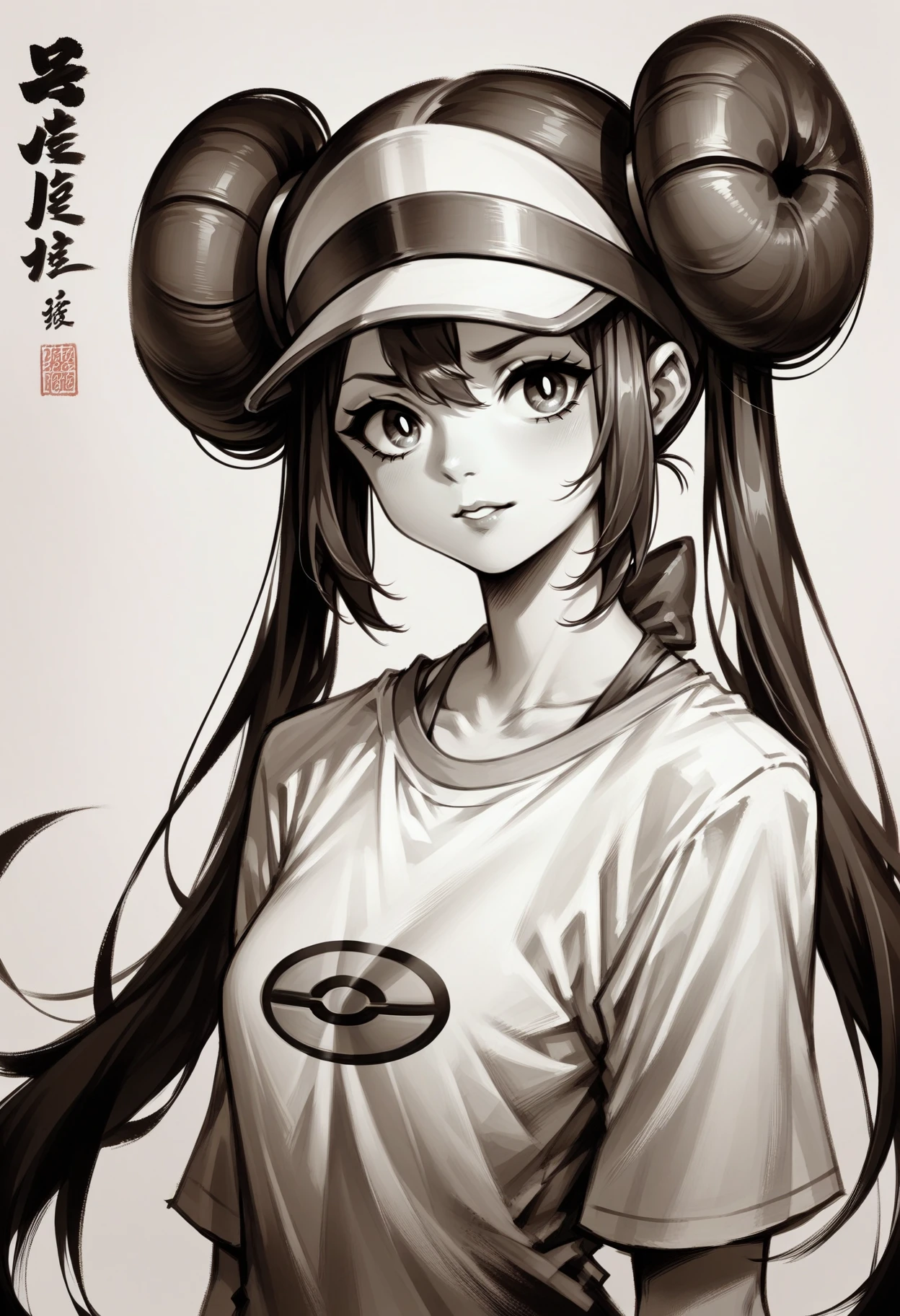 score_9, score_8_up, score_7_up, score_9, <lora:cllgrphy_pdxl_EliPot:1>,
monochrome, chinese text, 
1girl, solo,
rosa_\(pokemon\), brown hair ,