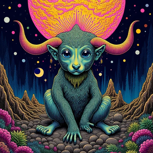 psychedelic style, cyclops, horns, blue eyes, moon, colored skin, sitting, surreal, traditional youkai, mountain, forest