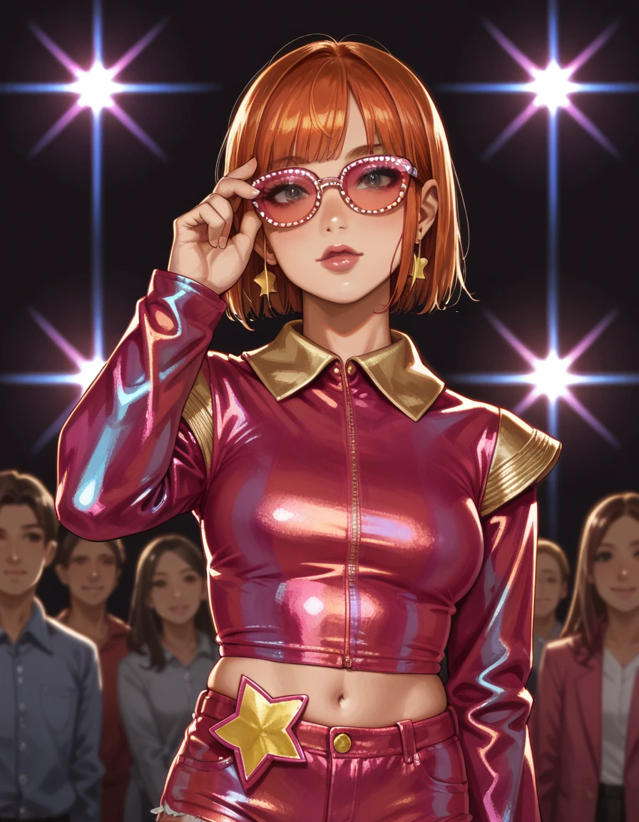 score_9, score_8_up, score_7_up, score_6_up, score_5_up, score_4_up, 1girl, makeup, lipstick, large breasts, very short orange hair, hud_z1ggysd, pink sunglasses, iridescent, crop top, fringe, long sleeves, midriff, shorts, star (symbol), upper body, <lora:ziggy_stardust:0.8>, stage lights, adjusting eyewear,