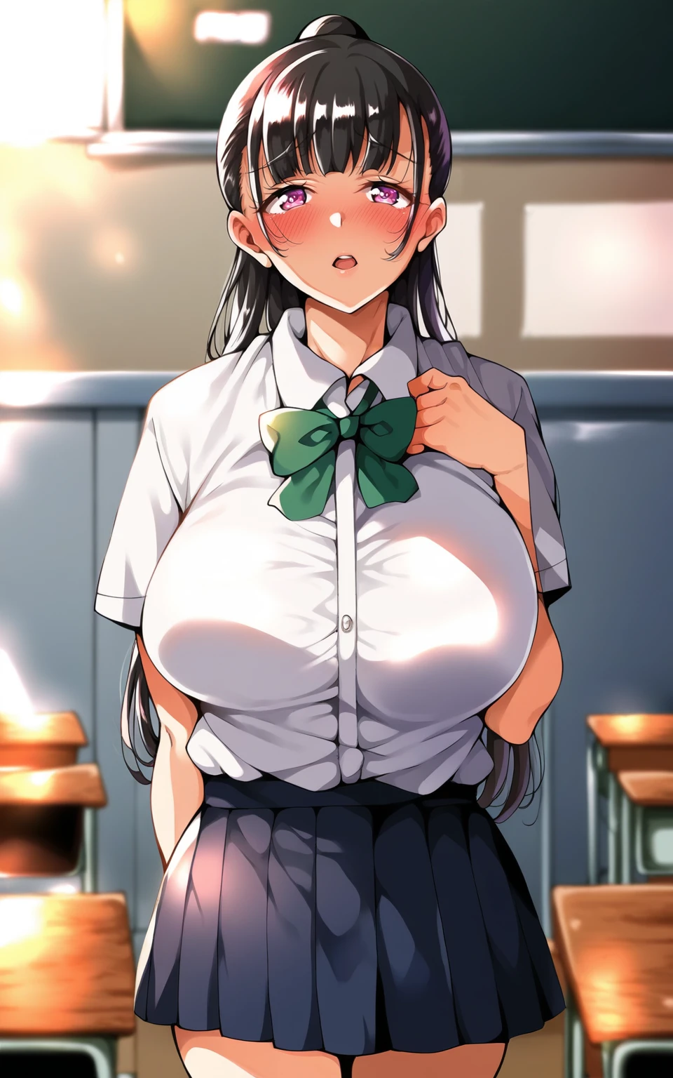 score_9, score_8_up, score_7_up, source_anime, KitagawaMarin, 1girl, ((very drunk)), ((staggers)), ((moderately swollen belly)), upper teeth only, multicolored hair, long hair, magenta eyes, ear piercing, earrings, pink nails, makeup, MarinSchool, bead bracelet, black choker, neck bell, ring, collared shirt, ((white shirt unbuttoned)), short sleeves, blue necktie, plaid skirt, ((blue skirt)), tied shirt, standing, looking at viewer, ((stomach ache)), ((is a little scared)), ((shows her naked breasts)), ((skirt lowered)), ((jerking off)), indoors, locker, blurry background,