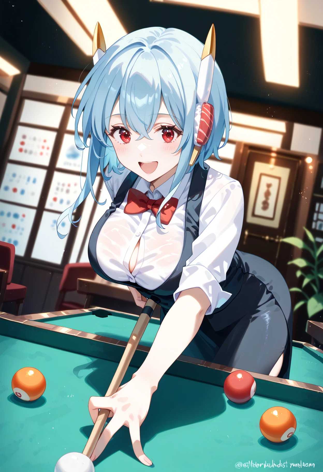 1girl,solo,
billiards,cue stick,billiard ball,pool table,
income_ko,short hair,blue hair,red eyes,robot ears,red bowtie,vest,white shirt,sleeves rolled up,large breasts,pencil skirt,black skirt,tailcoat,
smile,open mouth,teeth,blush,,
dutch angle,depth of field,indoor,beautiful background,
wardrobe malfunction,button pop,straining buttons,button gap,
<lora:income_ko_pony:1>,
(masterpiece,best quality,highres,ultra detailed,extremely detailed face,perfect lighting,beautiful skin,shiny hair,shiny eyes,eyelashes,detailed eyes),<lora:billiards_Pony_v1:0.8>,<lora:Expressive_H-000001:0.3>,Expressiveh,