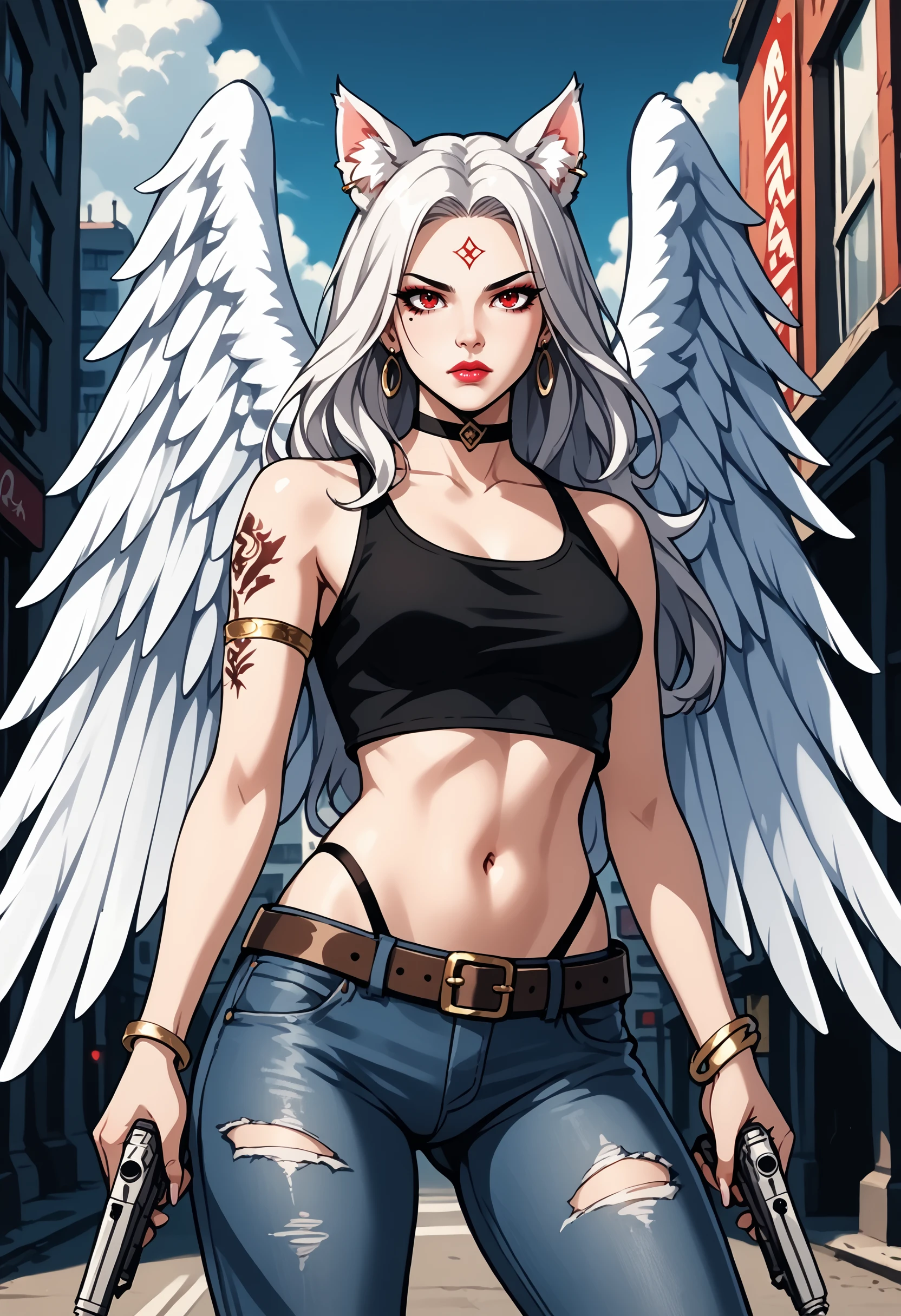 1girl, angel, angel wings, animal ear fluff, animal ears, arm tattoo, armlet, backlighting, bare shoulders, belt, bracelet, buckle, building, choker, city, closed mouth, cloud, collarbone, colored skin, cowboy shot, crop top, denim, dual wielding, earrings, eyelashes, facial mark, facial tattoo, feathered wings, fingernails, forehead mark, gem, glowing, grey hair, gun, highleg, highleg panties, holding, holding gun, holding weapon, jeans, jewelry, lips, lipstick, long hair, looking at viewer, makeup, medium breasts, midriff, mole, navel, nose, outdoors, panties, pants, parted bangs, piercing, pink lips, red eyes, red lips, ring, signature, sleeveless, solo, standing, stomach, tattoo, torn clothes, torn jeans, torn pants, underwear, weapon, white hair, white wings, wings, Aesthetic_PDXL BREAK PonyXLV6_Scores