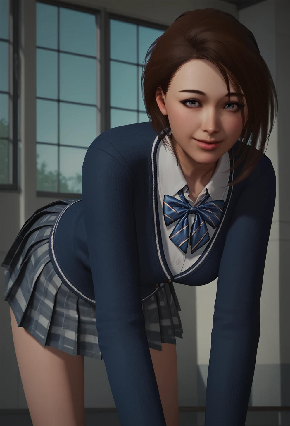 score_9, score_8_up, score_7_up,  am1h3, 1girl,solo, <lora:am1h3:1> bent over,school uniform,sly smile, realistic