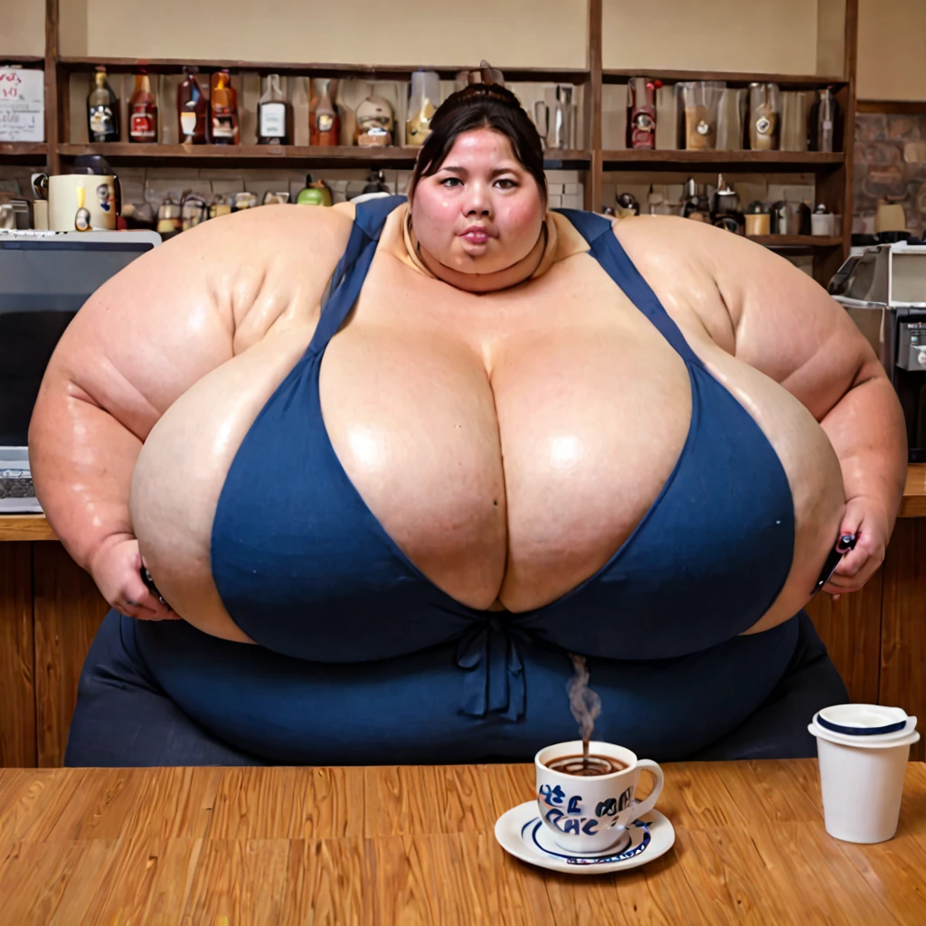 <lora:last:0.7><lora:runga10.6:0.75>solo, ssbbw, 1girl, female focus, fattest
(fake breast, silicone breast, huge breast:1.5),
(A stylish SSBBW japanese young woman sitting at a trendy urban café, enjoying a cup of coffee. She is dressed in chic, contemporary fashion, with a laptop and notebook on the table. The café is bustling with activity, with other patrons chatting and baristas preparing drinks. Large windows offer a view of the busy city street outside:1.4). rating_questionable,