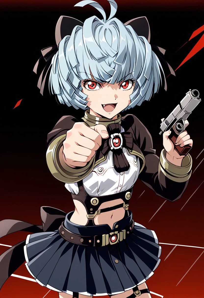 score 9, score 8 up, score 7 up, mobile suit gundam 00, gundam 00, hayana, 1girl, solo, weapon, holding weapon, holding, gun, holding gun, aiming at viewer, ahoge, short hair, red eyes, handgun, open mouth, looking at viewer, smile, long sleeves,midriff, garter straps,pleated skirt, garter belt, bangs, breasts, bow, brooch, fang, black bow, smug, blue hair, ribbon, white shirt,