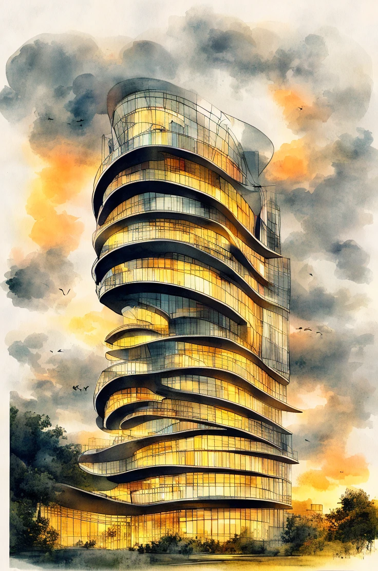 modern architecture curved building , clouds, birds, architecture watercolor sketches style, warm tone, night scene, warm light from the windows<lora:watercolor:1>