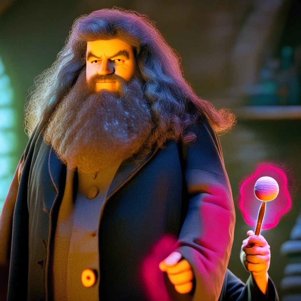 1boy Hagrid, long hair, beard, facial hair, smirk,  score_7 at Hogwarts School of magic with a wand wearing black robes