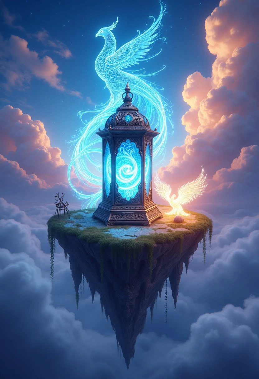 A luminous lantern with a bright blue glow, resting on a floating island in a sky filled with swirling, multicolored clouds, with a glowing spirit phoenix perched nearby.