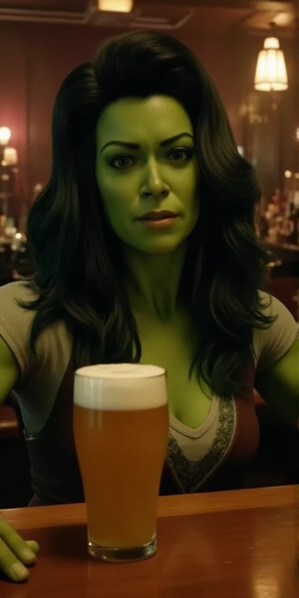 SheHulk  a woman with green skin and dark hair, is having a beer in a pub <lora:She-Hulk:0.9>