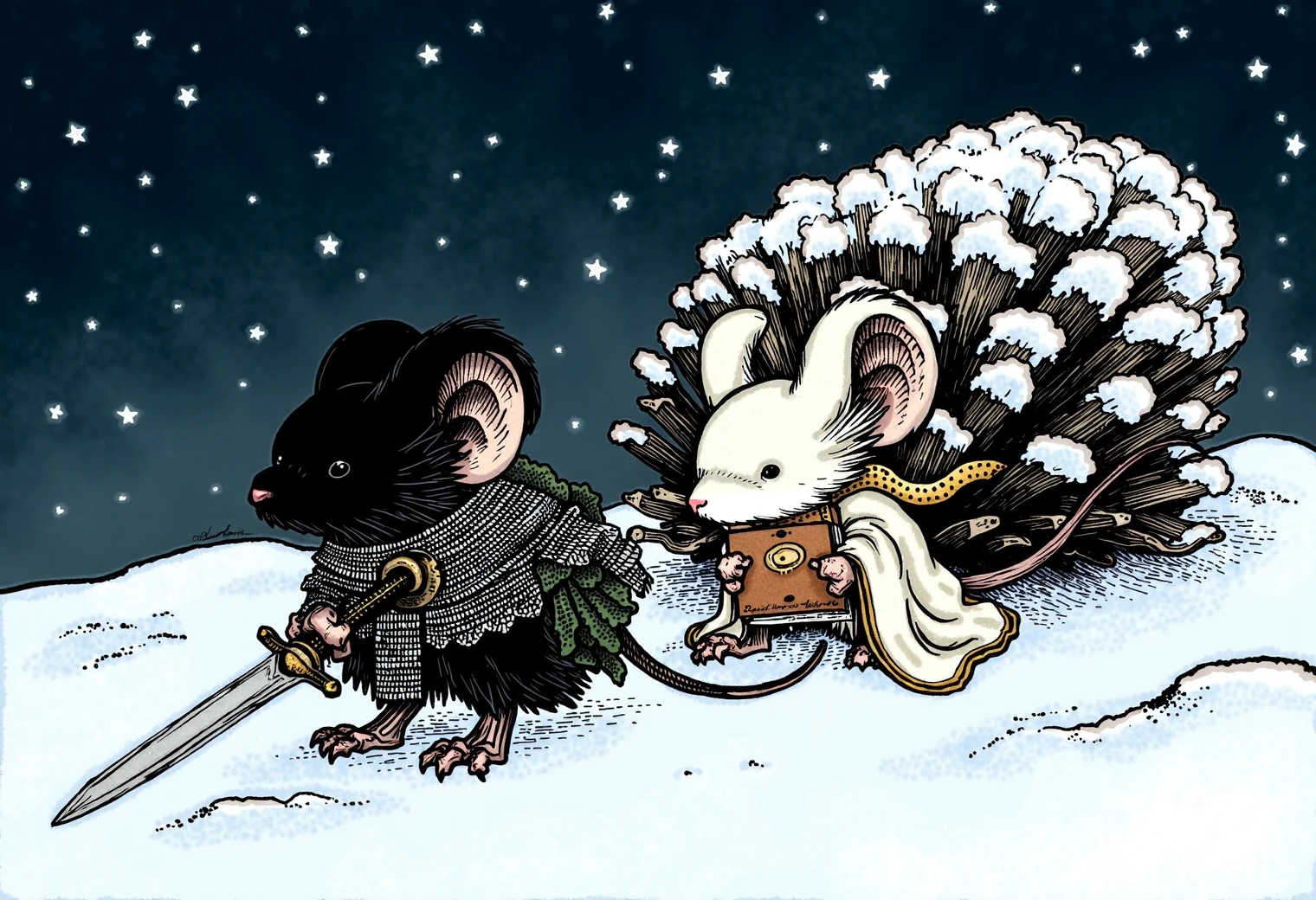 Hand drawn illustration of two mouseguard mice traveling through a snow storm at night, one mouse is black and wearing chainmail armor holding a sword, the other mouse is white wearing robes and glasses holding a book, large snow covered pine cone behind them.