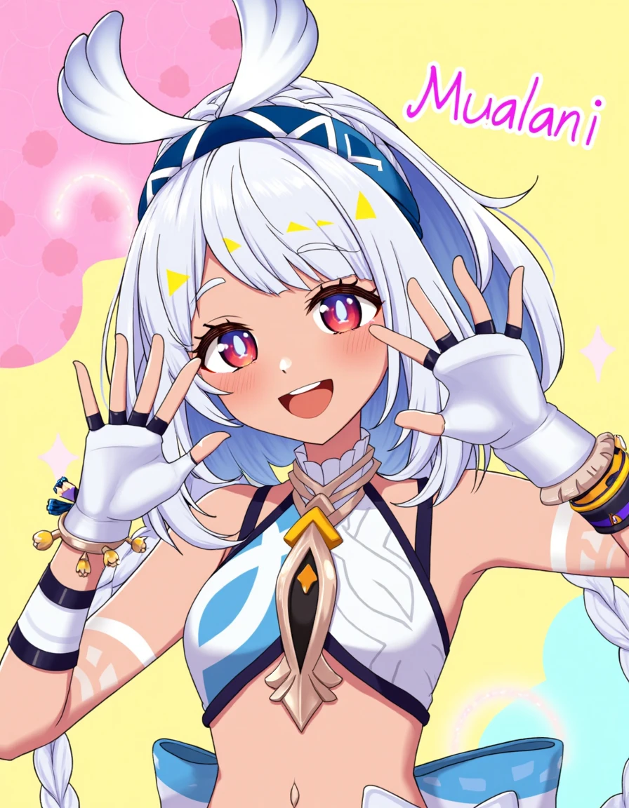 Mualani from Genshin Impact. This is a digital drawing in an anime style, featuring a young female character with a playful and energetic expression. She has light grey hair with white tips, styled in a bob cut with a small braid at the back. Her eyes are large and expressive, with a light pink hue. She wears a blue and white headband with a star motif, and a matching blue and white outfit adorned with intricate patterns and symbols. Her outfit includes a sleeveless top with a deep V-neck, revealing her midriff, and a matching blue and white skirt. Her hands are raised near her face, fingers forming a heart shape, adding to her cheerful demeanor. She also wears fingerless gloves with blue and white stripes, and a blue and white choker with a star pendant. There are white tribal markings on her arms and chest, adding to her exotic appearance. The background is a gradient of yellow and pink, with abstract shapes resembling clouds or flowers, giving a whimsical and dreamy feel to the image. The overall style is vibrant and colorful, typical of modern anime art. The text “Mualani” is on top.
<lora:mualani_genshin_impact_flux_v1:1>