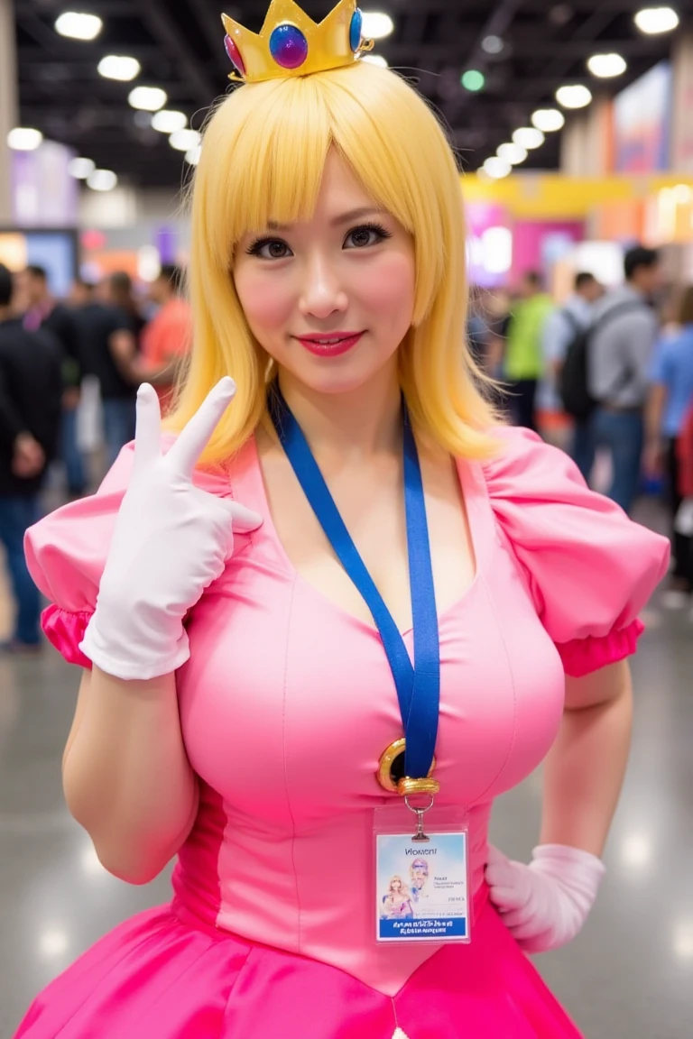 a photograph of a 30 year old woman wearing a princess peach cosplay in a convention smiling. she is also wearing a lanyard 
 <lora:KahoFlux:1>