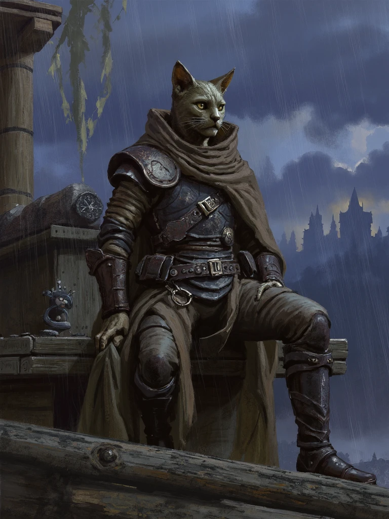 snmngsnr style painting, humanoid tabaxi cat rogue sitting on wooden bench in meedieval town, he is wearing leahter armor with laces belts and rough cloak, rainy night with dark storm clouds on sky <lora:SXZ_Sanmingsnari_Flux:1>