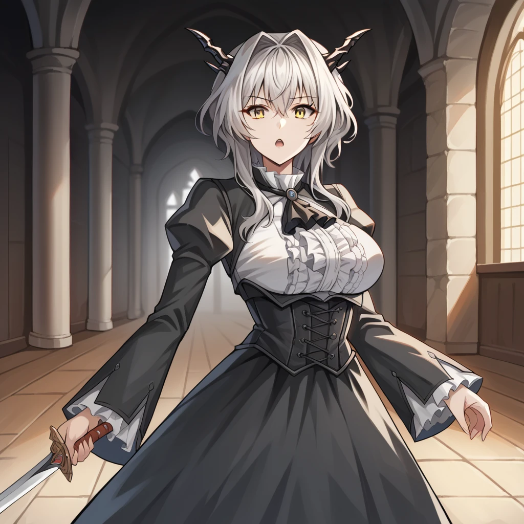 score_9_up, score_8_up, score_7_up, source_anime, masterpiece, best quality, 1girl, solo, Talulah_Ark, Tal_Def, medieval interior, dimmed light, shadow, fireplace, holding sword, looking at sword in hand, open mouth, emotionless, grey hair, dragon horns, yellow eyes, dragon tail, frilled shirt, white shirt, frilled necktie, black jacket, cropped jacket, long sleeves, puffy black sleeves, black underbust corset, black skirt, mature body, dynamic cowboy shot, indoors, gothic castle background