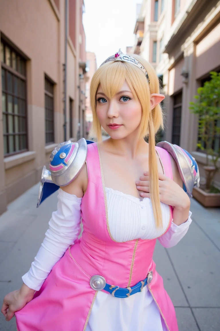 a photo of a woman cosplaying as princess zelda with a blonde wig  tiara and blue colored eye contacts wearing a pink and white dress with shoulder armor in a alleyway
 <lora:KahoFlux:1>