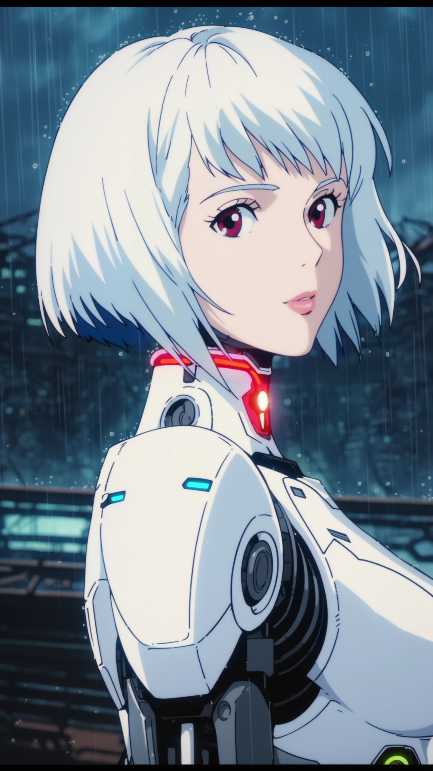 score_9, score_8_up, score_7_up, 1girl, solo, breasts, looking at viewer, short hair, bangs, red eyes, closed mouth, blue hair, upper body, white hair, blurry, from side, lips, depth of field, blurry background, glowing, letterboxed, science fiction, rain, android, cyborg, robot joints, cyberpunk, Analog style, vhs style, Dvd screengrab, classic anime